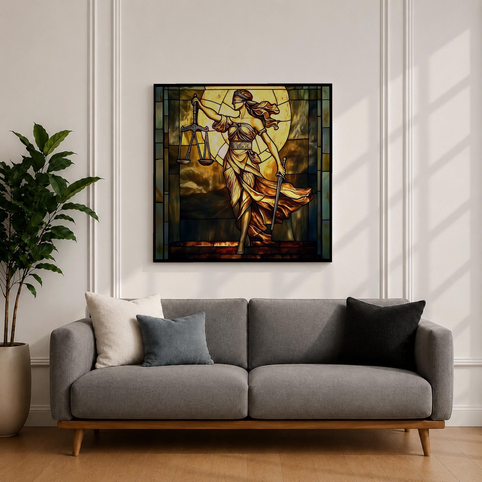 Lady Justice Wall Art Legal Symbol Framed Canvas Stained Glass Law Office Decor