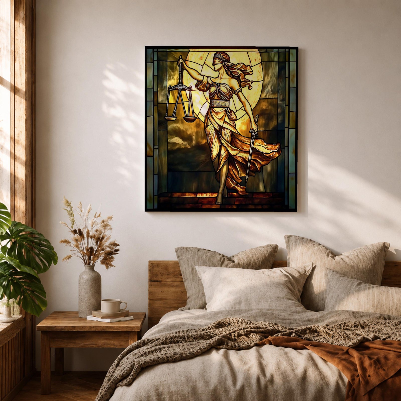 Lady Justice Wall Art Legal Symbol Framed Canvas Stained Glass Law Office Decor