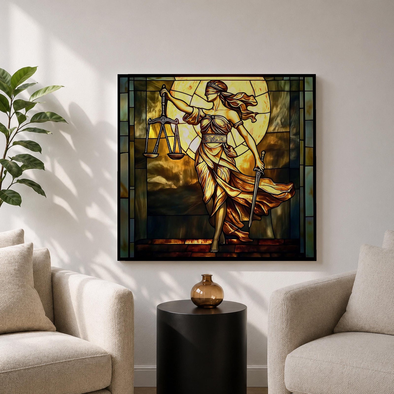 Lady Justice Wall Art Legal Symbol Framed Canvas Stained Glass Law Office Decor