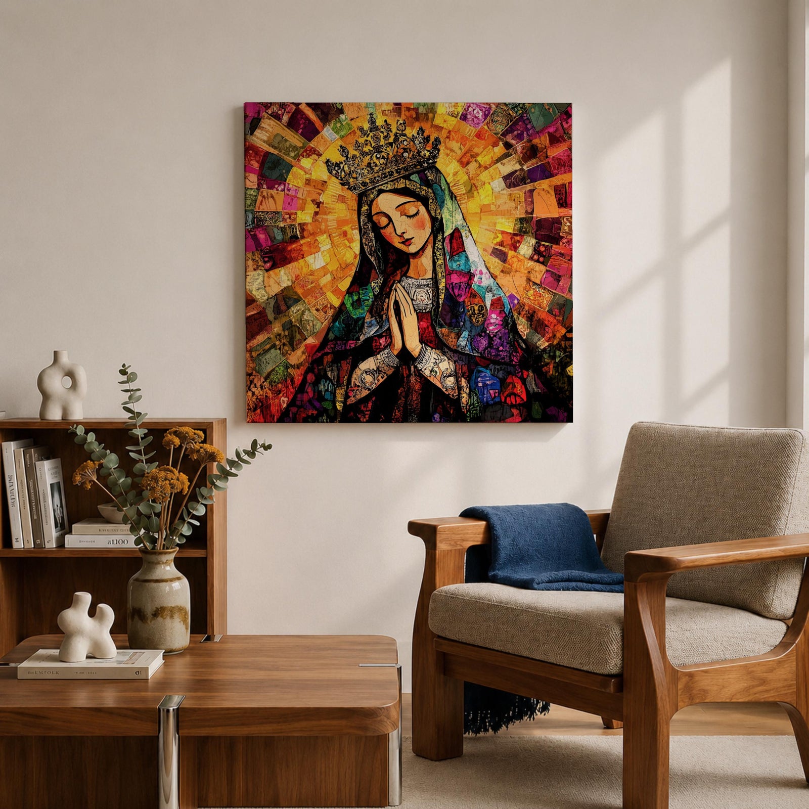 Virgin Mary Wall Art Queen of Heaven Framed Canvas Mosaic Catholic Sacred Home Decor