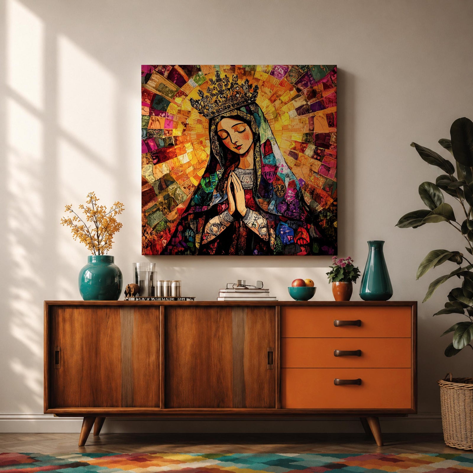 Virgin Mary Wall Art Queen of Heaven Framed Canvas Mosaic Catholic Sacred Home Decor