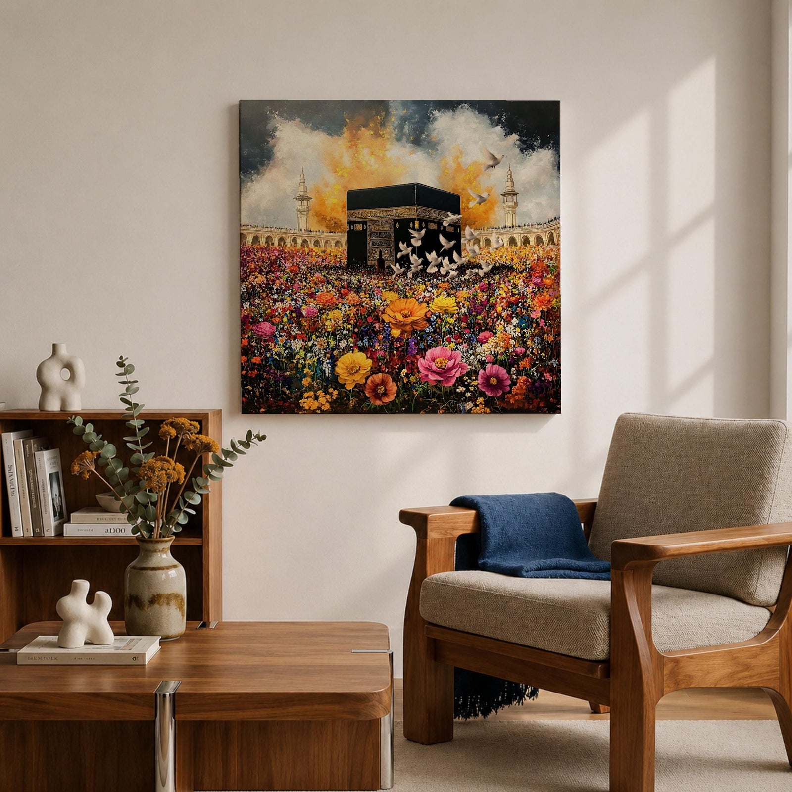Kaaba Wall Art Floral Garden Framed Canvas Masjid al Haram Mecca Islamic Home Decor
