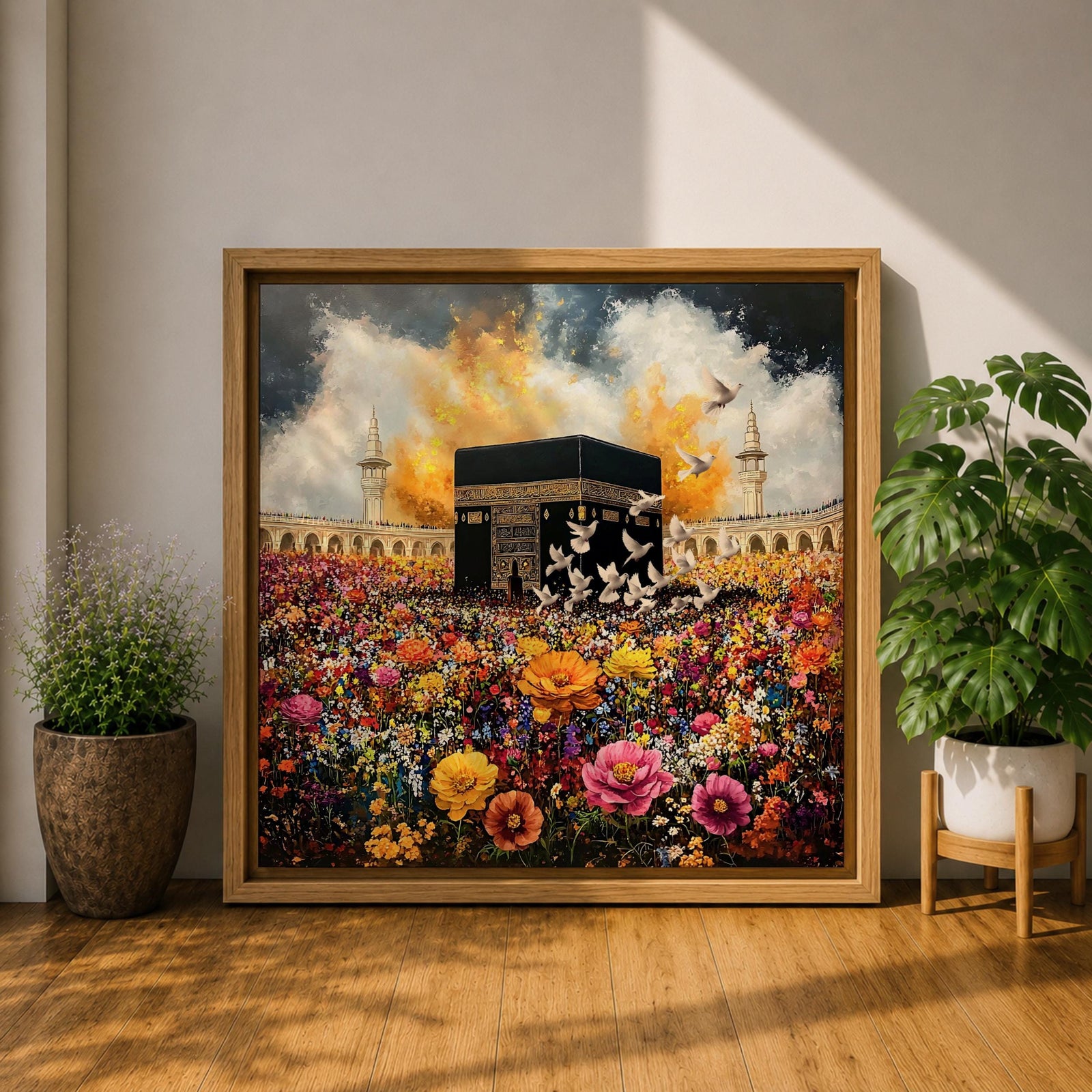 Kaaba Wall Art Floral Garden Framed Canvas Masjid al Haram Mecca Islamic Home Decor