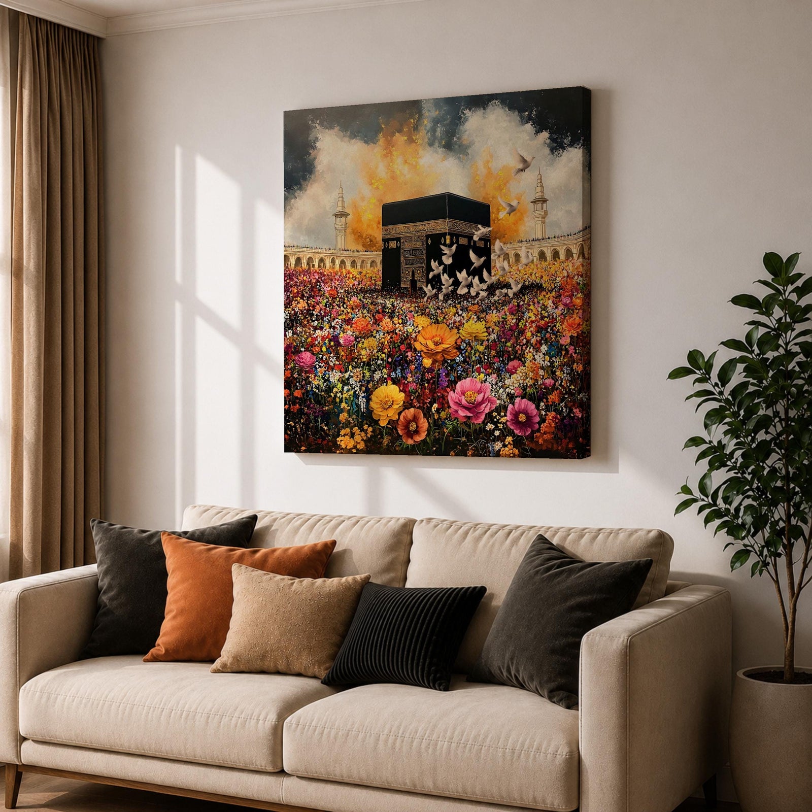 Kaaba Wall Art Floral Garden Framed Canvas Masjid al Haram Mecca Islamic Home Decor