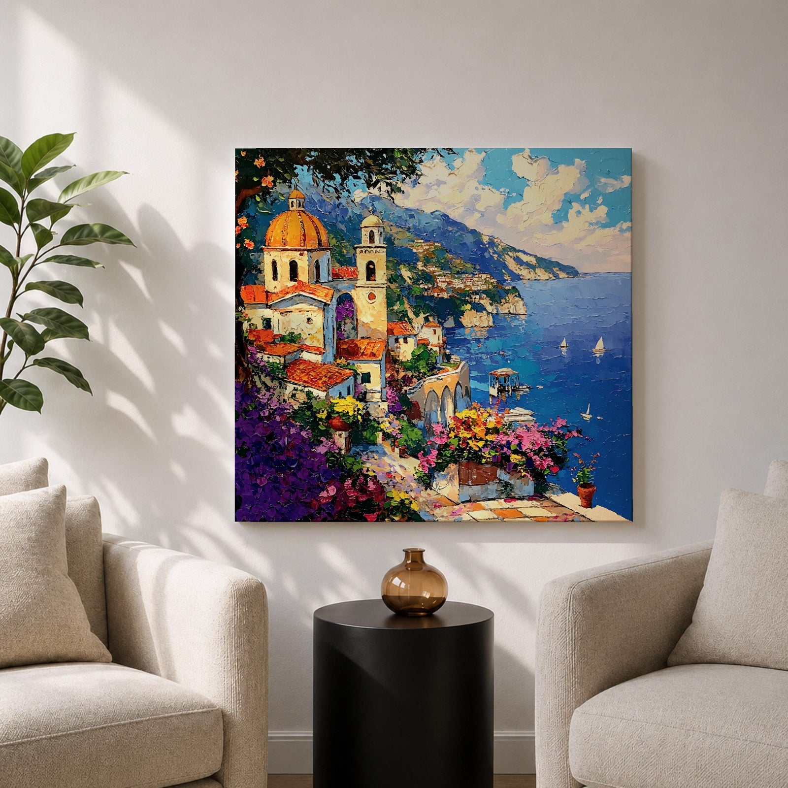 Amalfi Coast Wall Art Italian Riviera Framed Canvas Mediterranean Coastal Village Living Room Decor