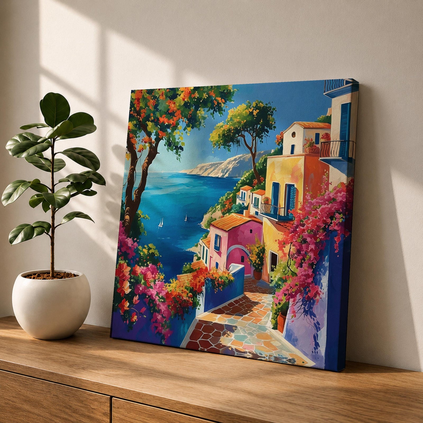 Mediterranean Seaside Wall Art Coastal Village View Framed Canvas Italian Riviera Living Room Decor