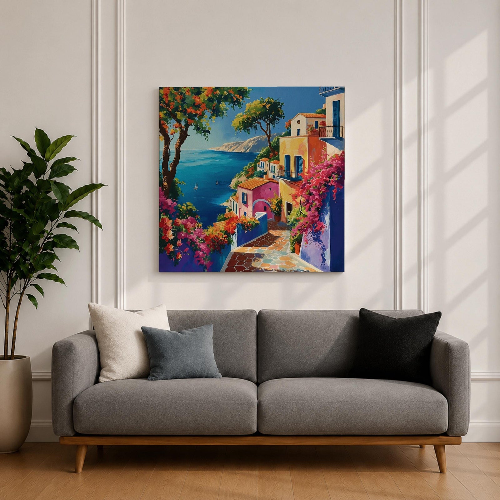 Mediterranean Seaside Wall Art Coastal Village View Framed Canvas Italian Riviera Living Room Decor