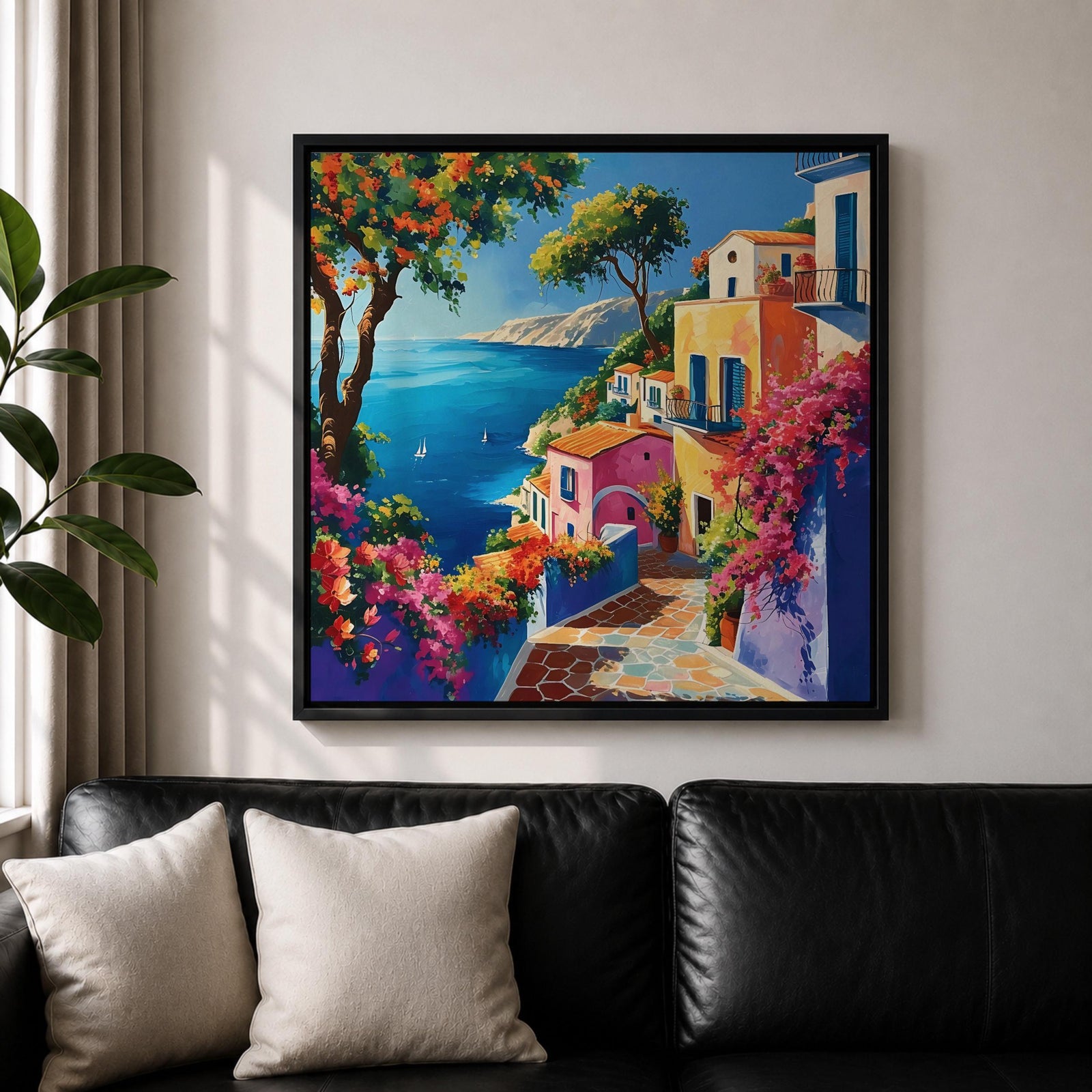 Mediterranean Seaside Wall Art Coastal Village View Framed Canvas Italian Riviera Living Room Decor