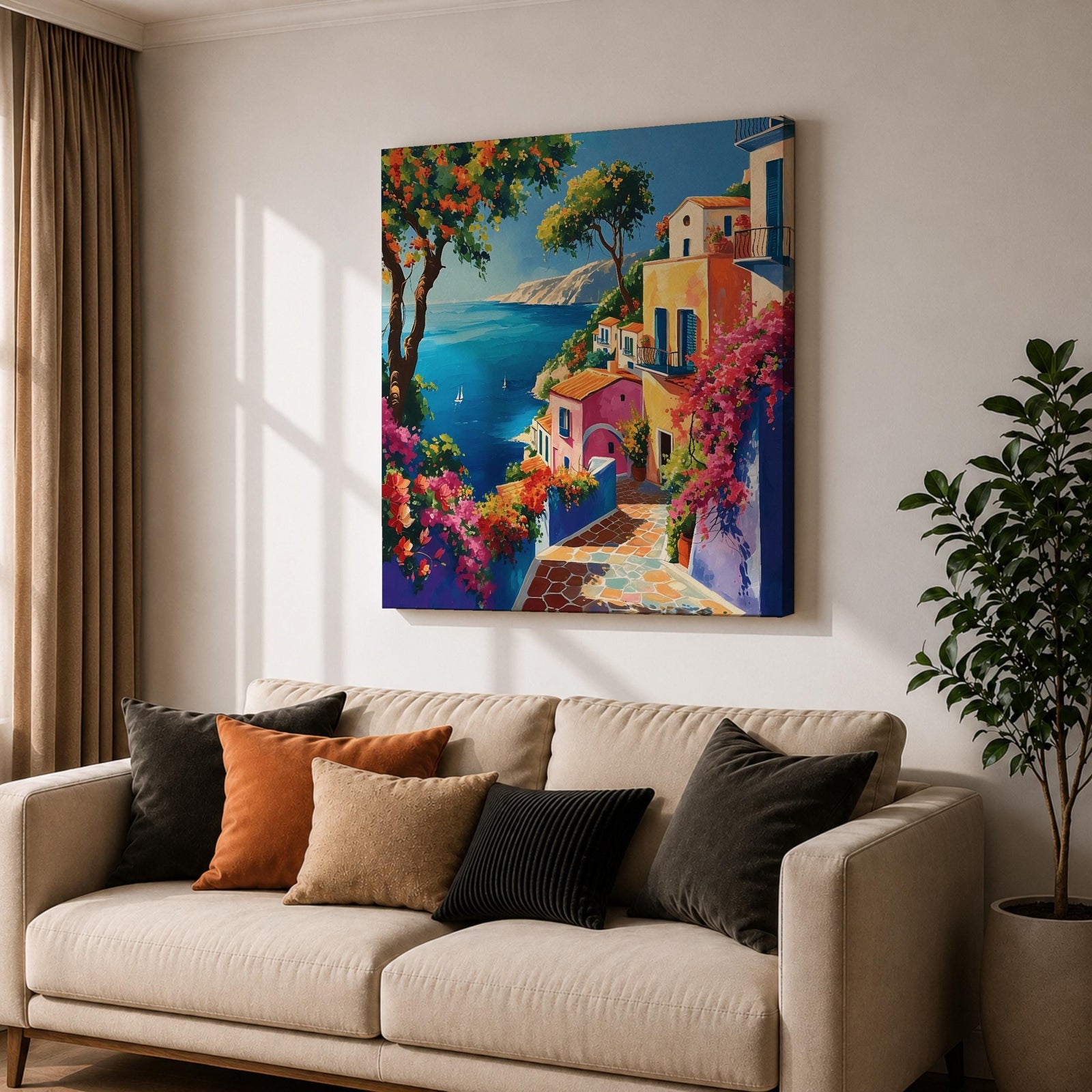 Mediterranean Seaside Wall Art Coastal Village View Framed Canvas Italian Riviera Living Room Decor