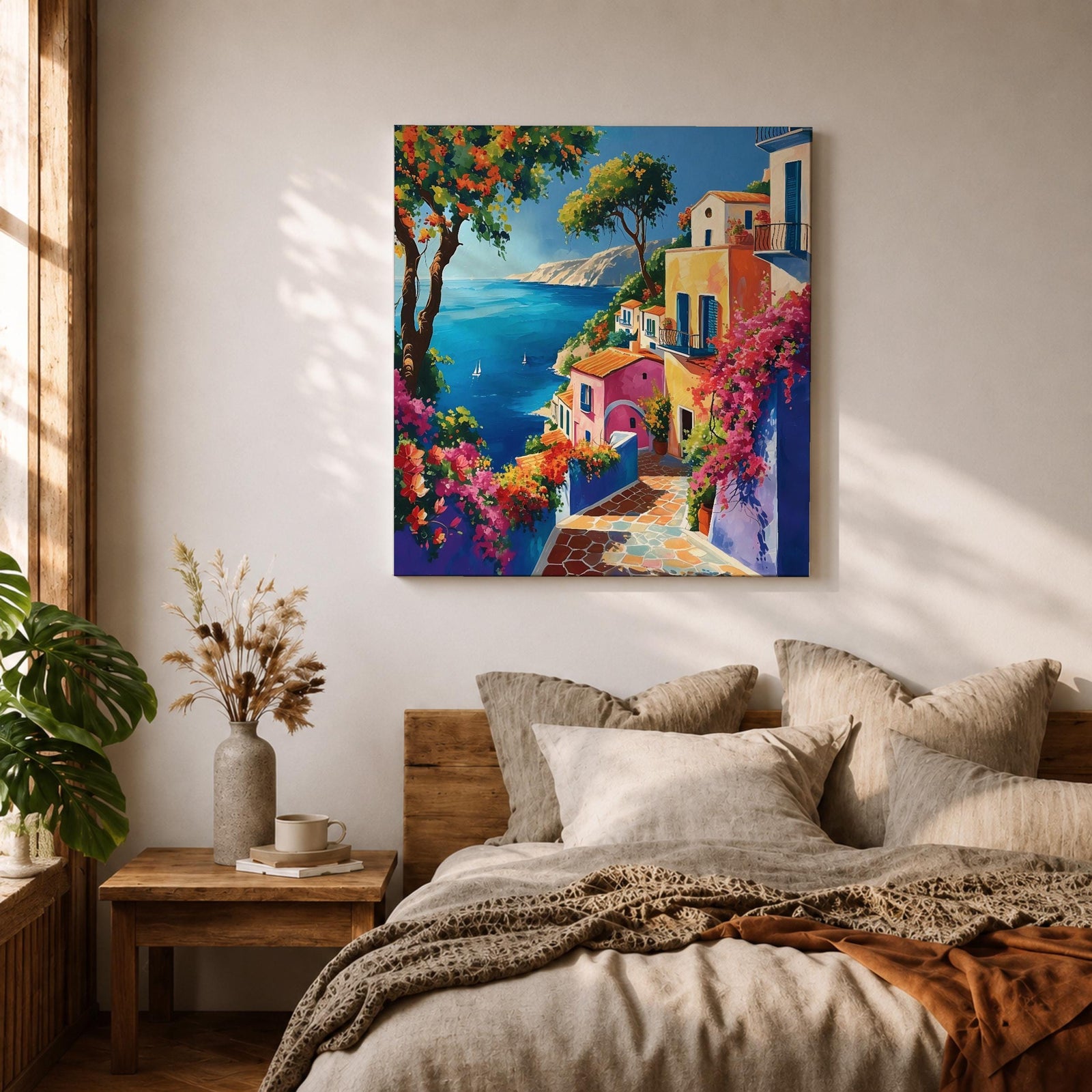 Mediterranean Seaside Wall Art Coastal Village View Framed Canvas Italian Riviera Living Room Decor