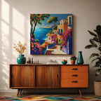 Mediterranean Seaside Wall Art Coastal Village View Framed Canvas Italian Riviera Living Room Decor