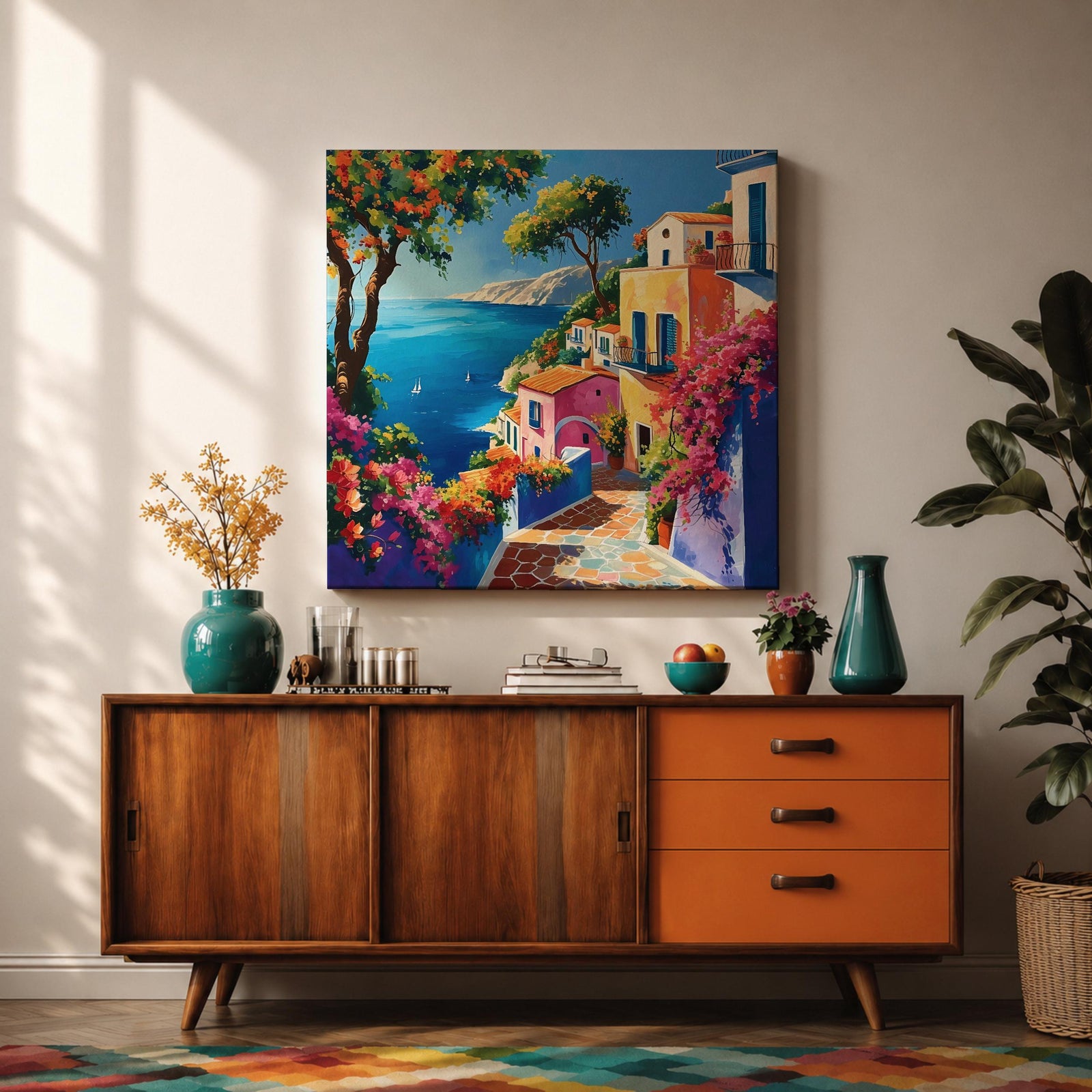 Mediterranean Seaside Wall Art Coastal Village View Framed Canvas Italian Riviera Living Room Decor