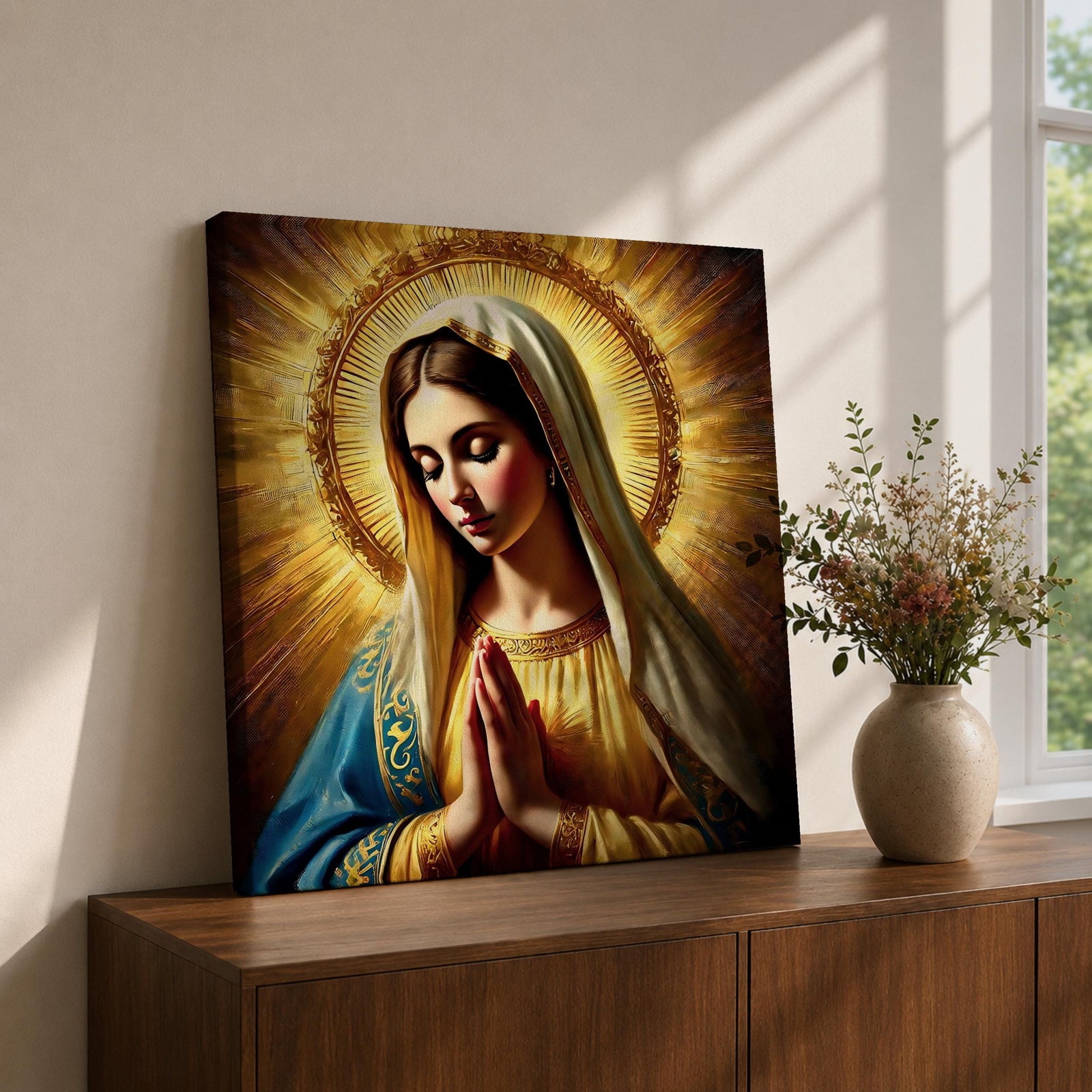 Blessed Virgin Mary Wall Art Madonna Framed Canvas Antique Catholic Sacred Home Decor