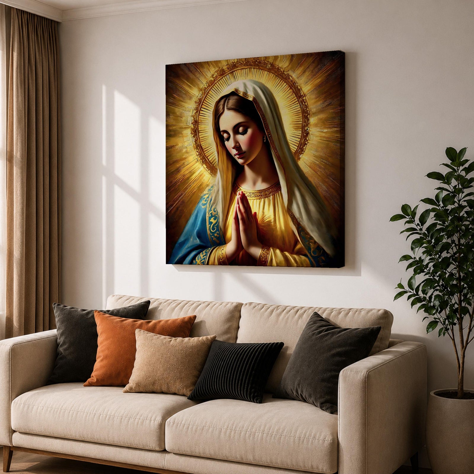Blessed Virgin Mary Wall Art Madonna Framed Canvas Antique Catholic Sacred Home Decor