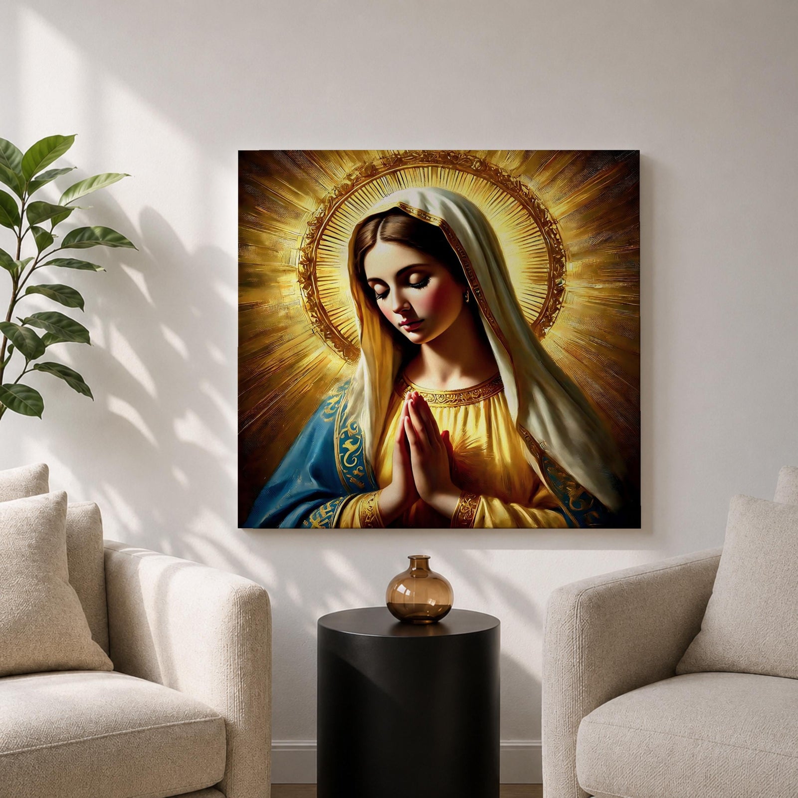 Blessed Virgin Mary Wall Art Madonna Framed Canvas Antique Catholic Sacred Home Decor