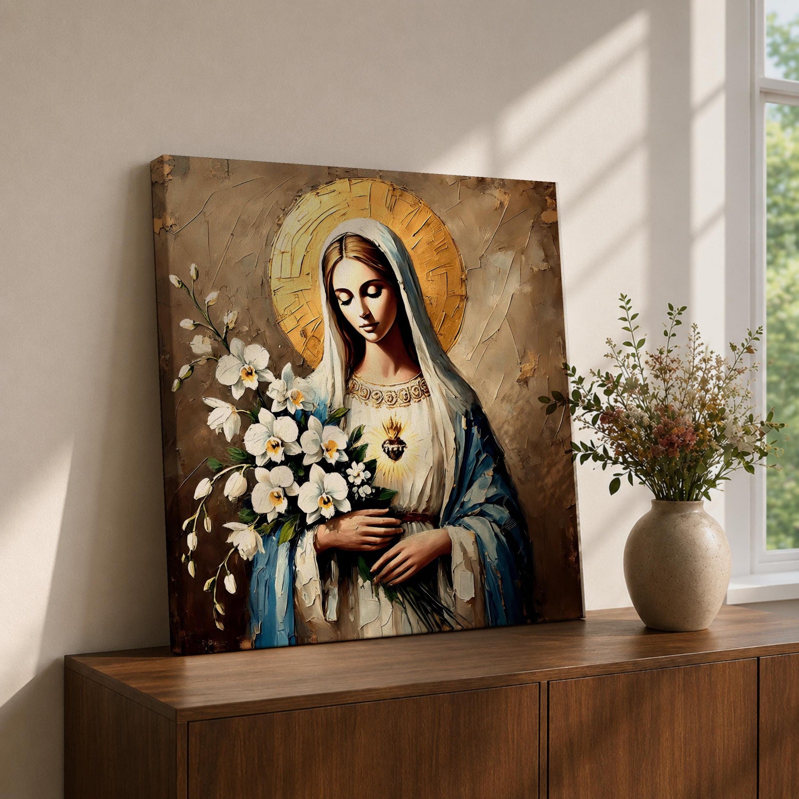 Virgin Mary Wall Art Queen of Heaven Framed Canvas Impasto Catholic Home Decor