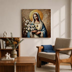 Virgin Mary Wall Art Queen of Heaven Framed Canvas Impasto Catholic Home Decor