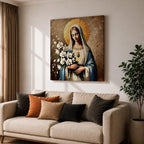 Virgin Mary Wall Art Queen of Heaven Framed Canvas Impasto Catholic Home Decor