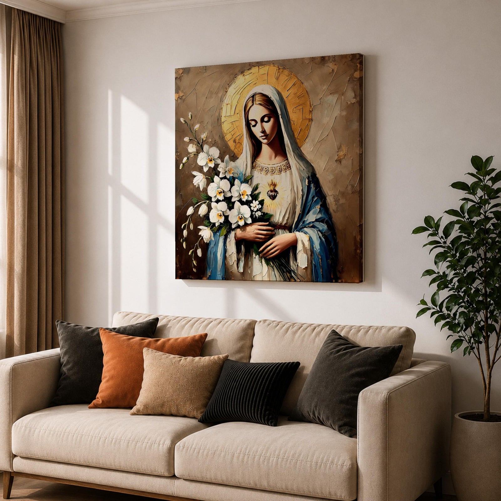 Virgin Mary Wall Art Queen of Heaven Framed Canvas Impasto Catholic Home Decor