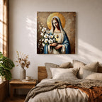 Virgin Mary Wall Art Queen of Heaven Framed Canvas Impasto Catholic Home Decor