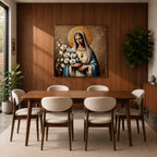 Virgin Mary Wall Art Queen of Heaven Framed Canvas Impasto Catholic Home Decor