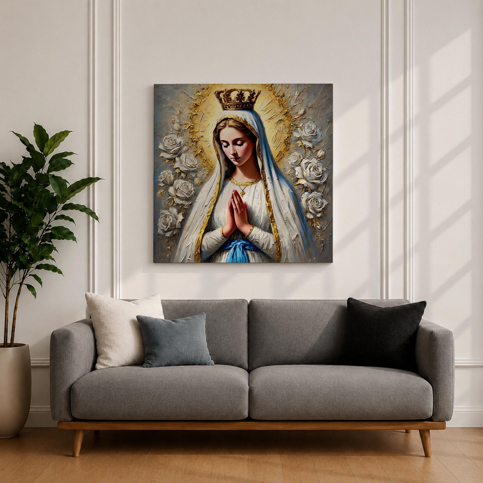 Our Lady of Fatima Wall Art Marian Apparition Framed Canvas Catholic Impasto Home Decor