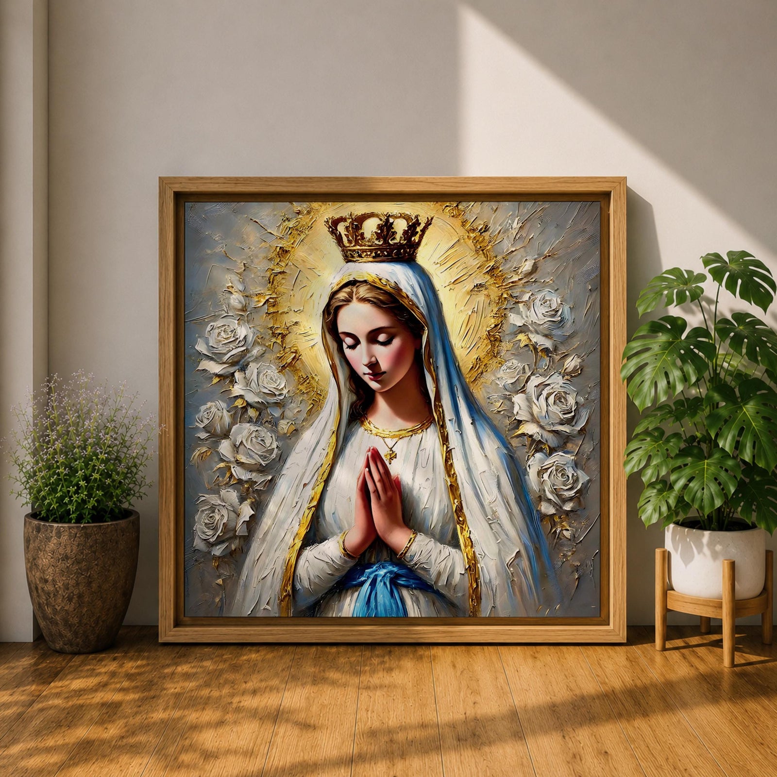 Our Lady of Fatima Wall Art Marian Apparition Framed Canvas Catholic Impasto Home Decor