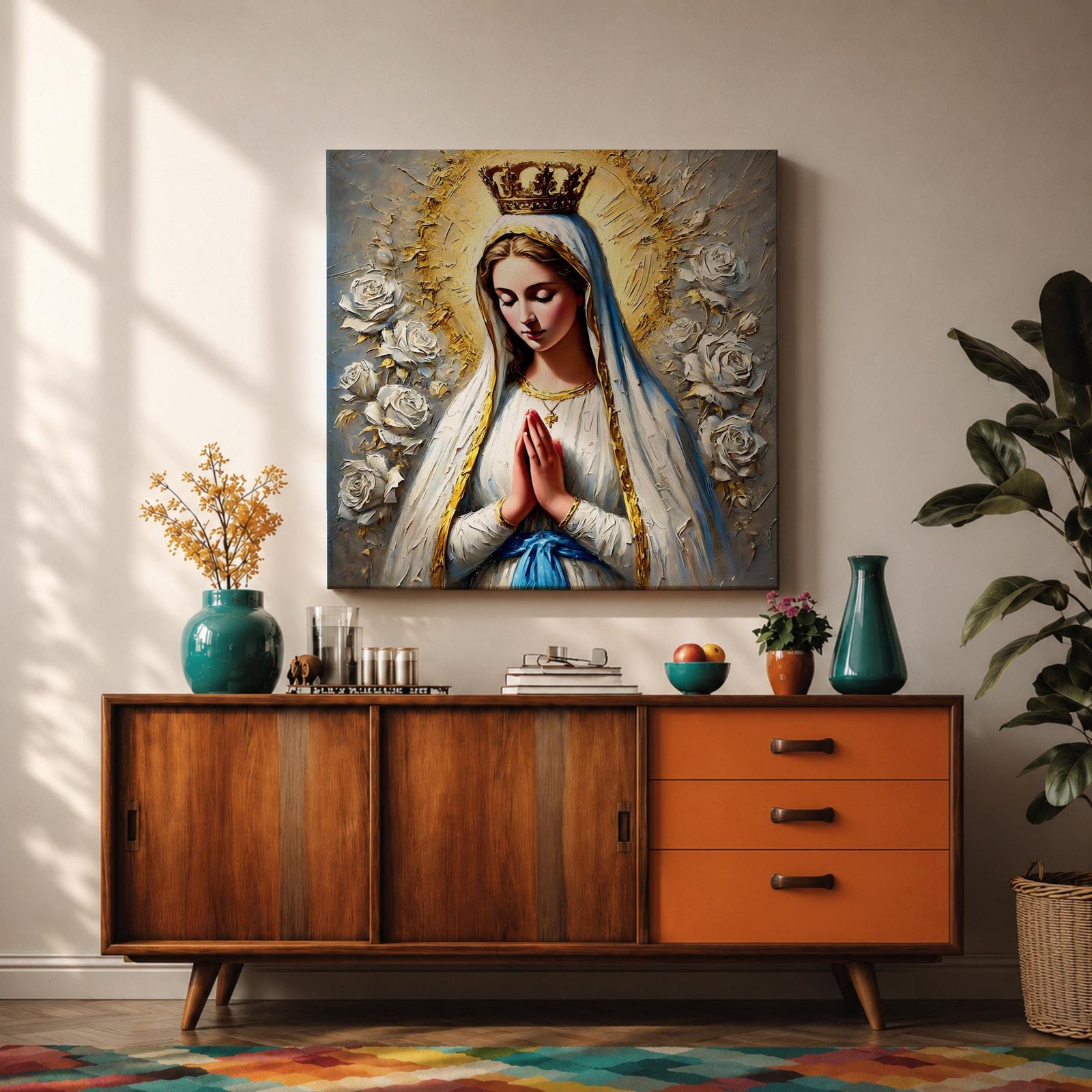 Our Lady of Fatima Wall Art Marian Apparition Framed Canvas Catholic Impasto Home Decor