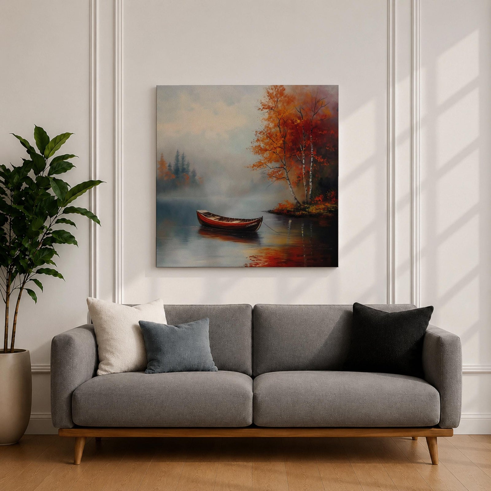 Rowboat Nature Wall Art Autumn Lake Forest Shore Landscape Gift Living Room Home Decor