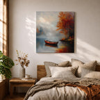 Rowboat Nature Wall Art Autumn Lake Forest Shore Landscape Gift Living Room Home Decor