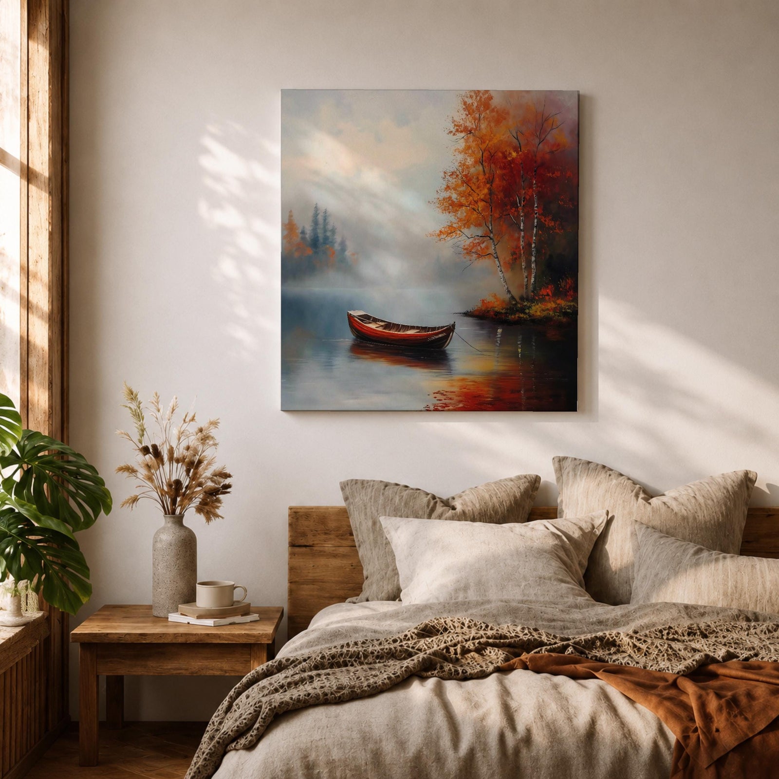 Rowboat Nature Wall Art Autumn Lake Forest Shore Landscape Gift Living Room Home Decor