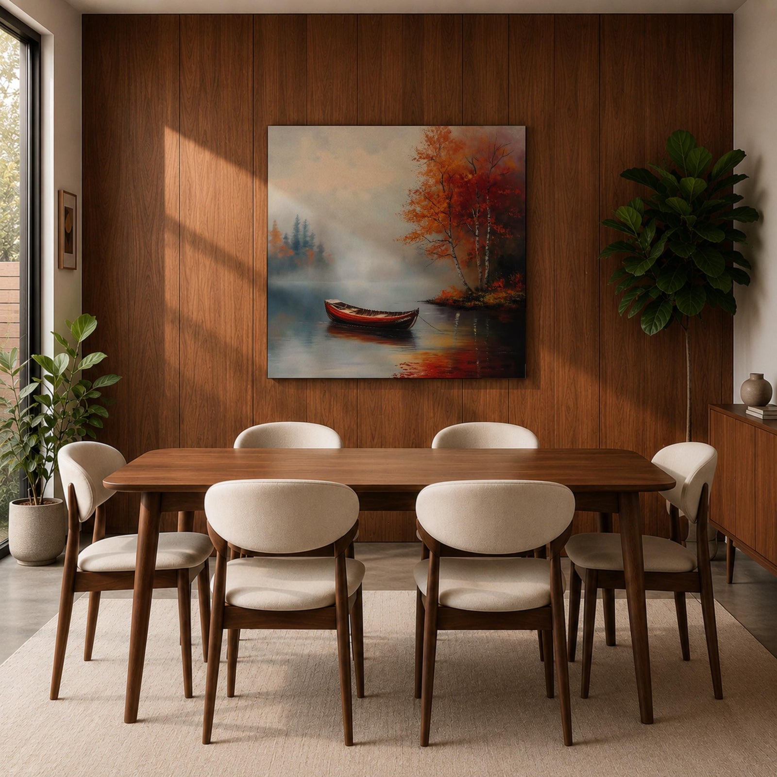 Rowboat Nature Wall Art Autumn Lake Forest Shore Landscape Gift Living Room Home Decor