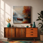 Rowboat Nature Wall Art Autumn Lake Forest Shore Landscape Gift Living Room Home Decor