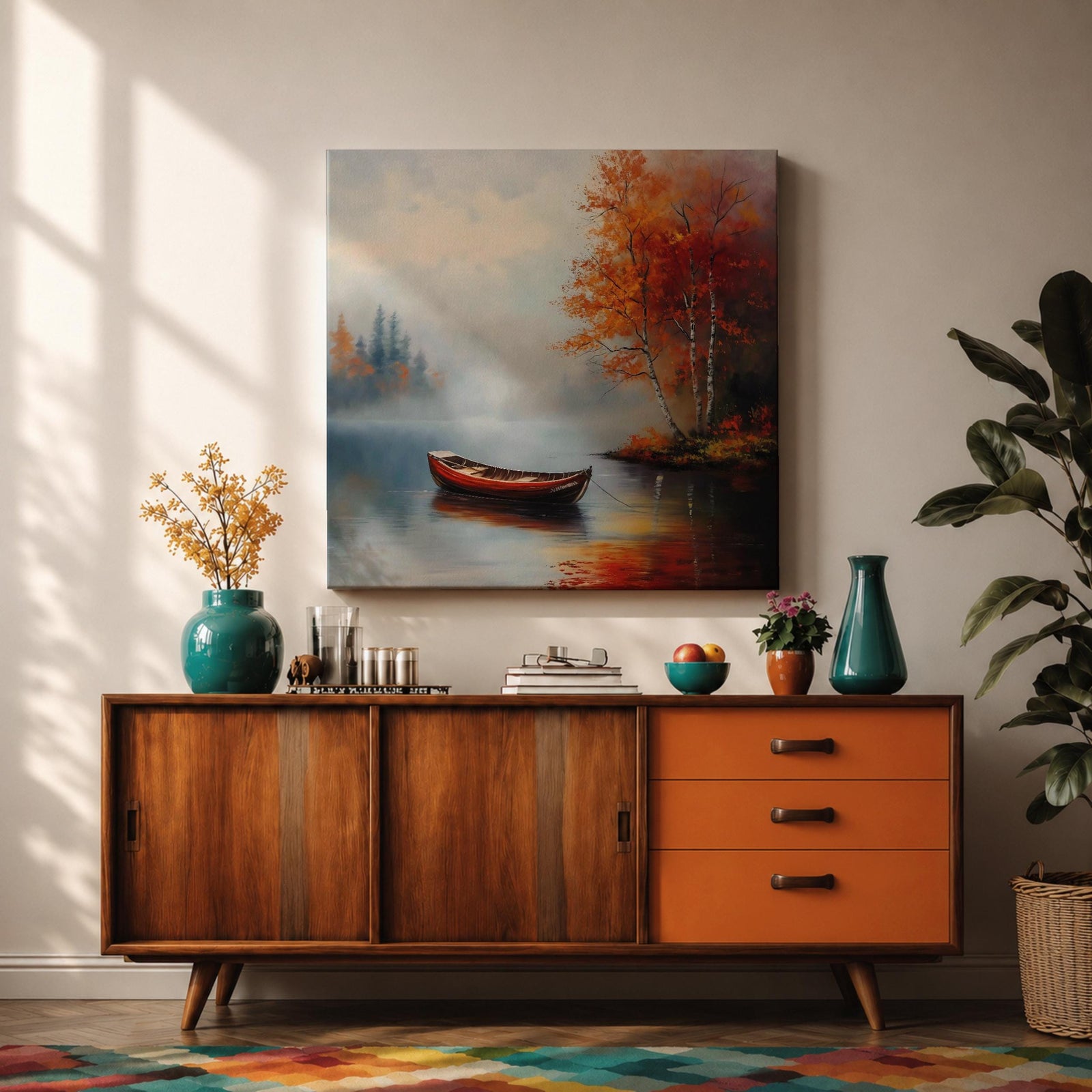 Rowboat Nature Wall Art Autumn Lake Forest Shore Landscape Gift Living Room Home Decor