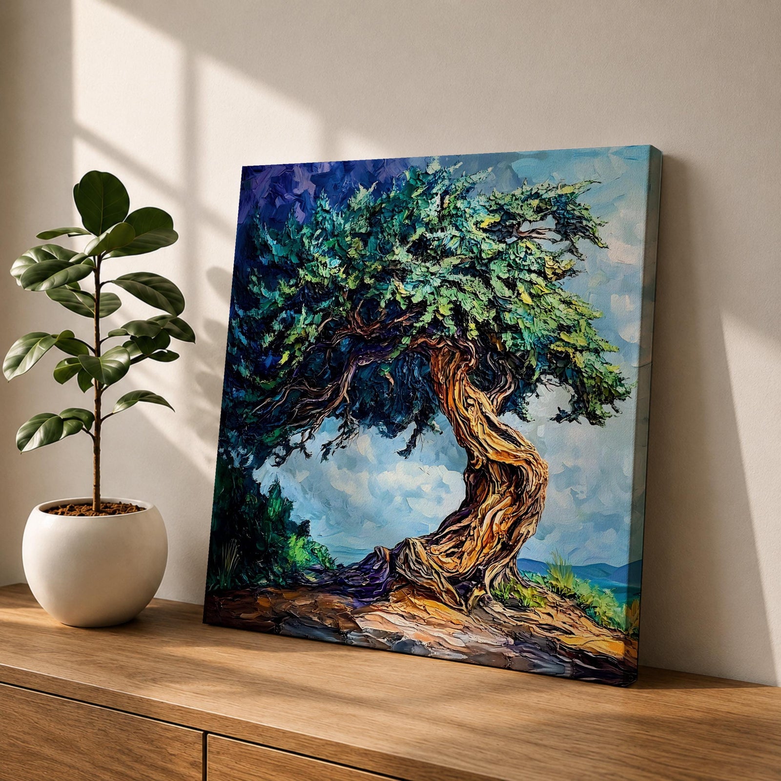 Tree of Life Wall Art Yggdrasil Framed Canvas Nature Symbol Impasto Rustic Home Decor