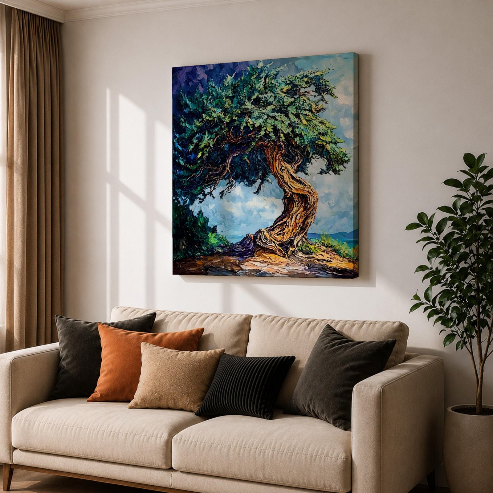 Tree of Life Wall Art Yggdrasil Framed Canvas Nature Symbol Impasto Rustic Home Decor
