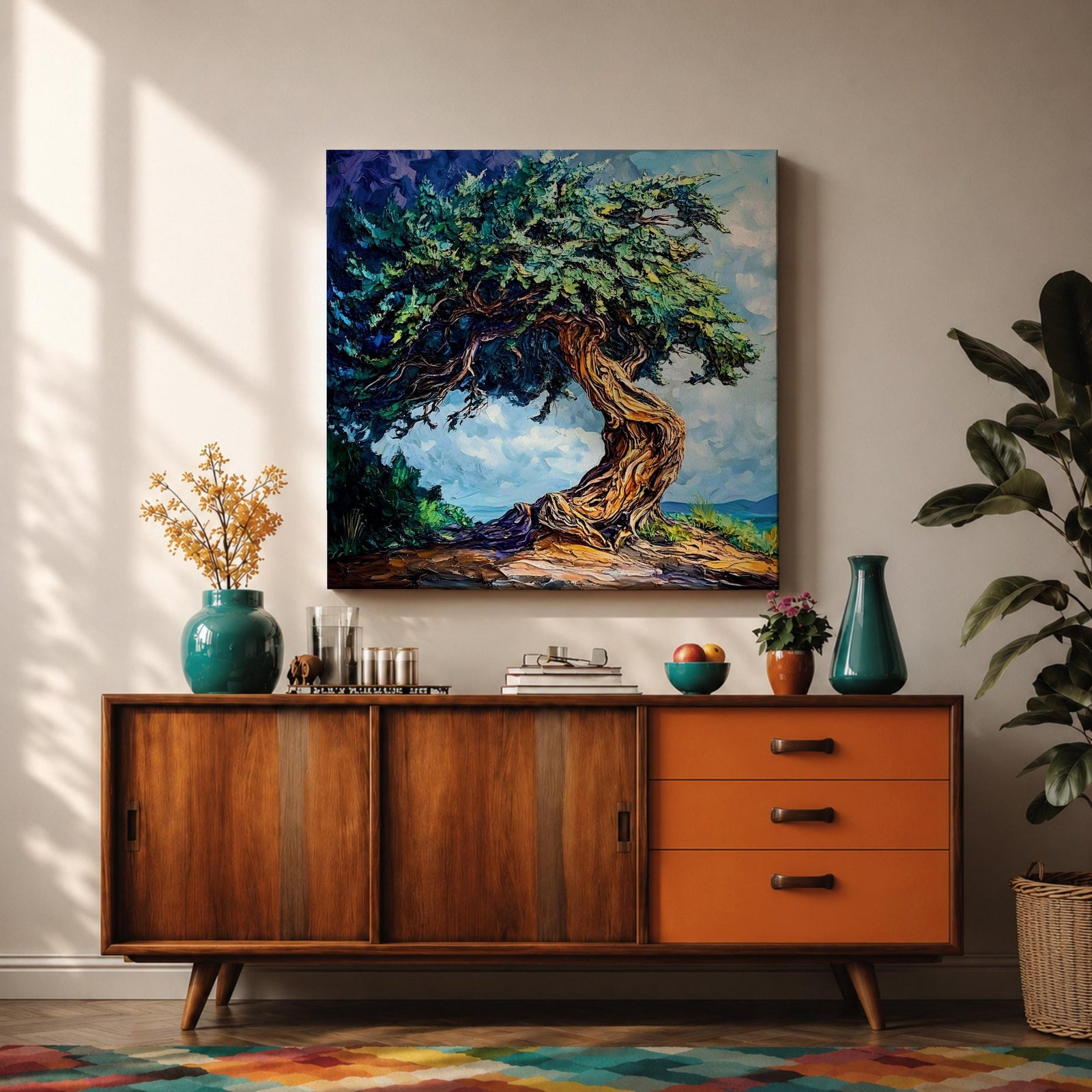 Tree of Life Wall Art Yggdrasil Framed Canvas Nature Symbol Impasto Rustic Home Decor