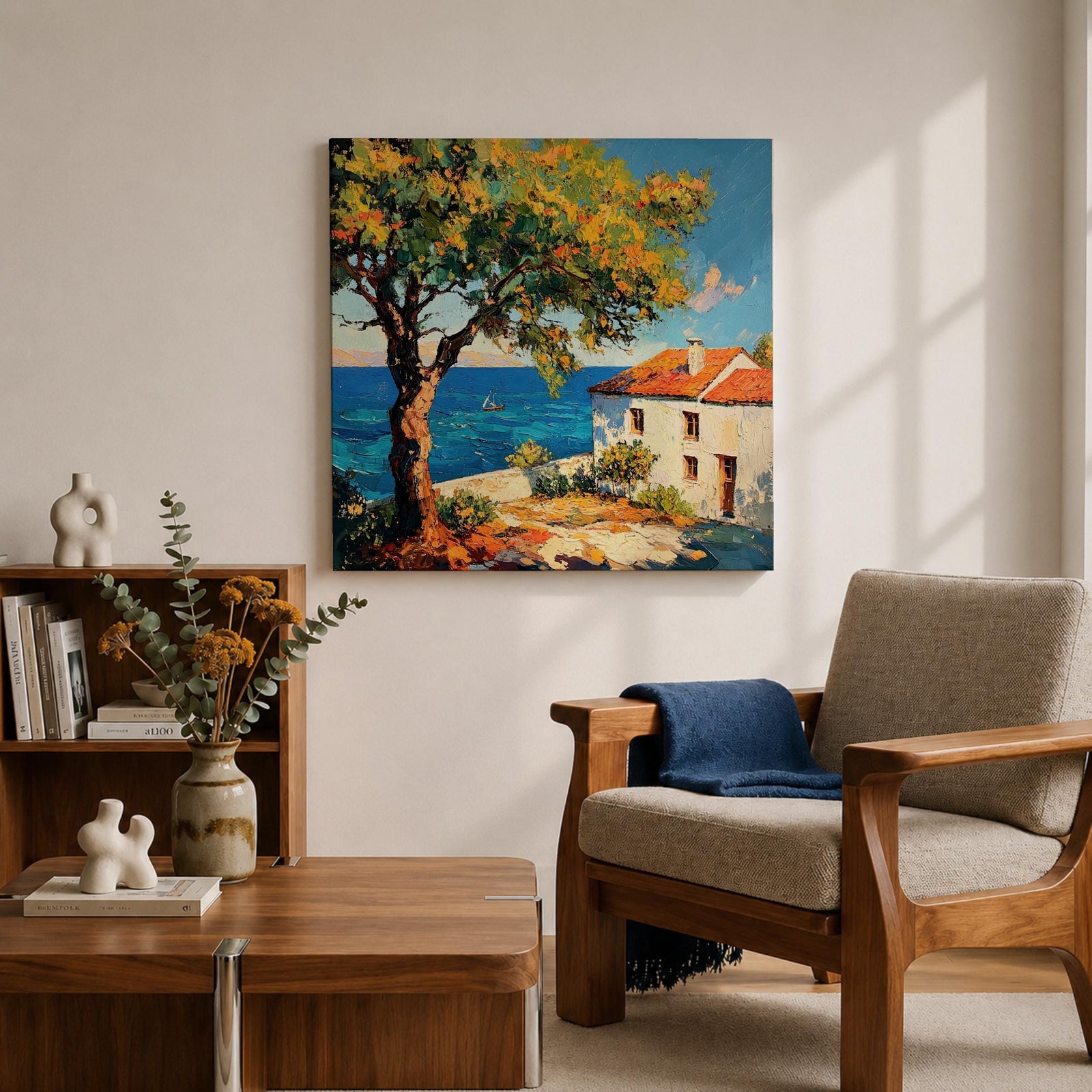 Mediterranean Seaside Wall Art Italian Coastal View Framed Canvas Ocean Landscape Living Room Decor