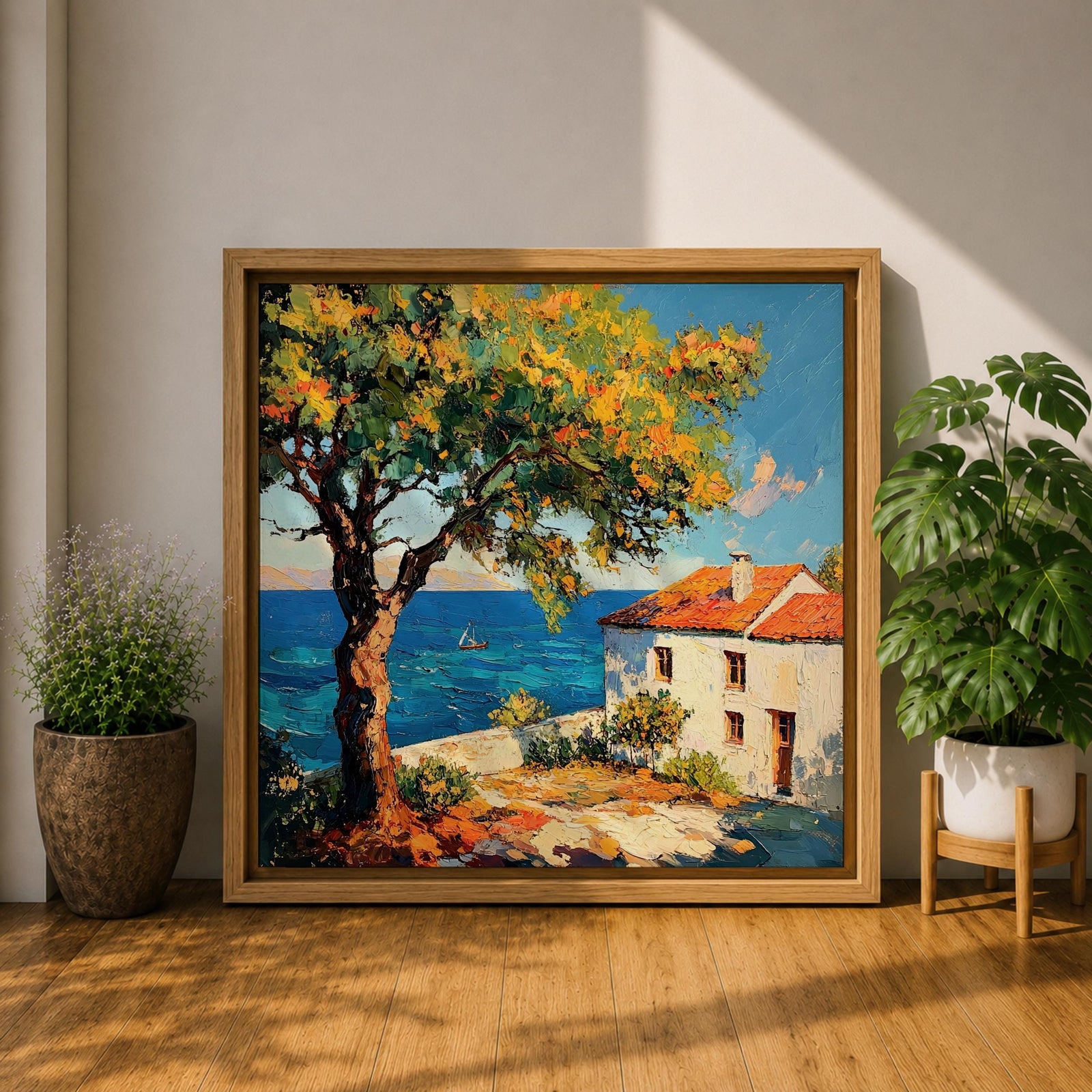 Mediterranean Seaside Wall Art Italian Coastal View Framed Canvas Ocean Landscape Living Room Decor