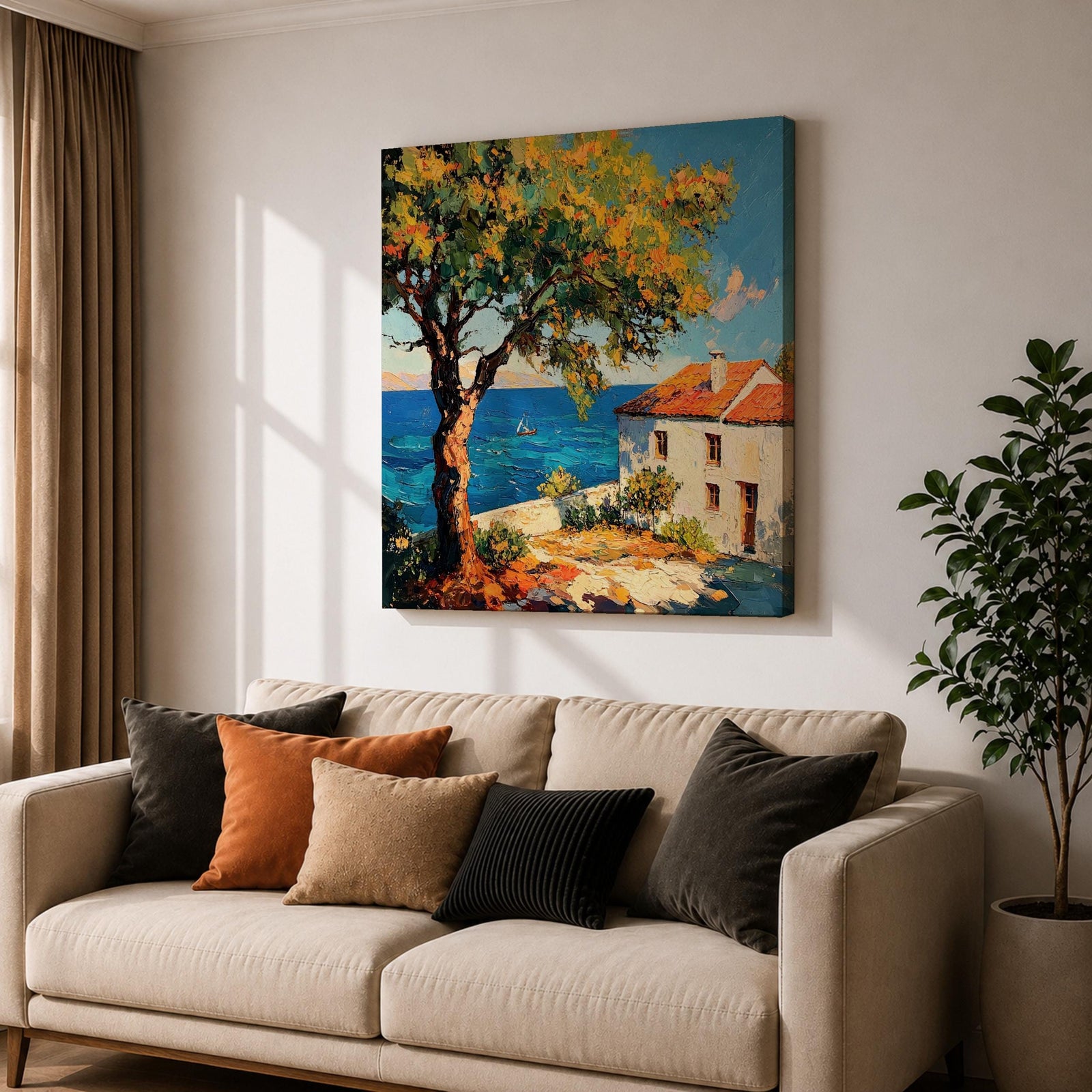 Mediterranean Seaside Wall Art Italian Coastal View Framed Canvas Ocean Landscape Living Room Decor