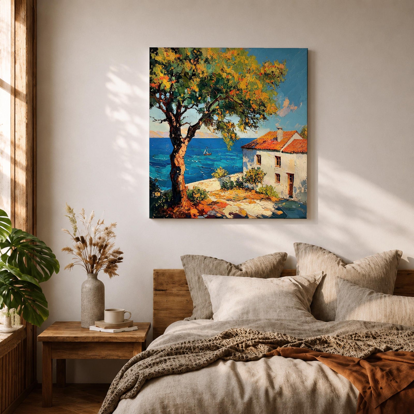Mediterranean Seaside Wall Art Italian Coastal View Framed Canvas Ocean Landscape Living Room Decor