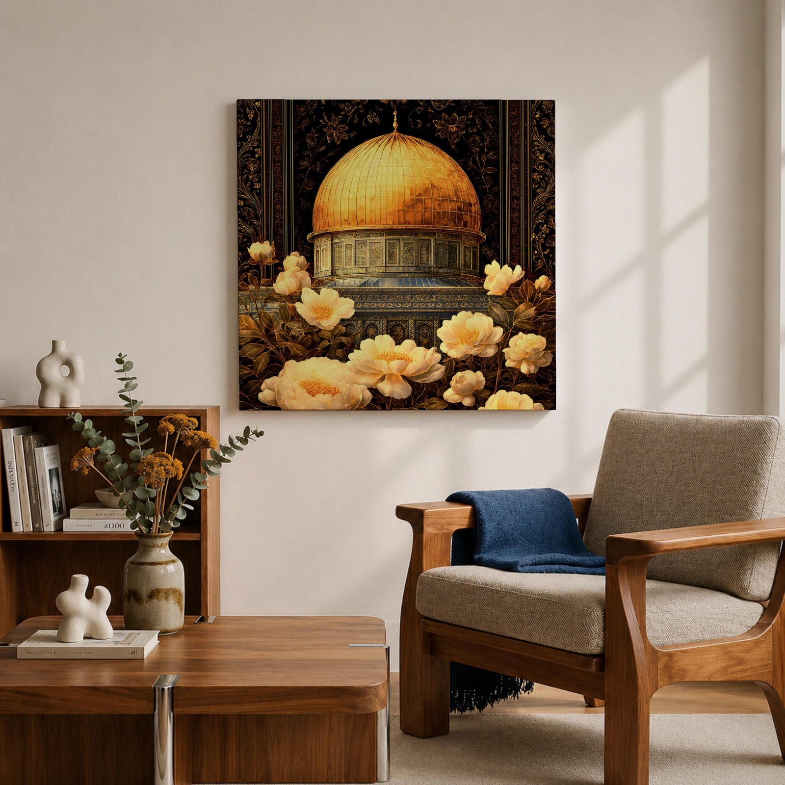 Dome of the Rock Wall Art Floral Framed Canvas Qubbat Sakhra Jerusalem Islamic Decor