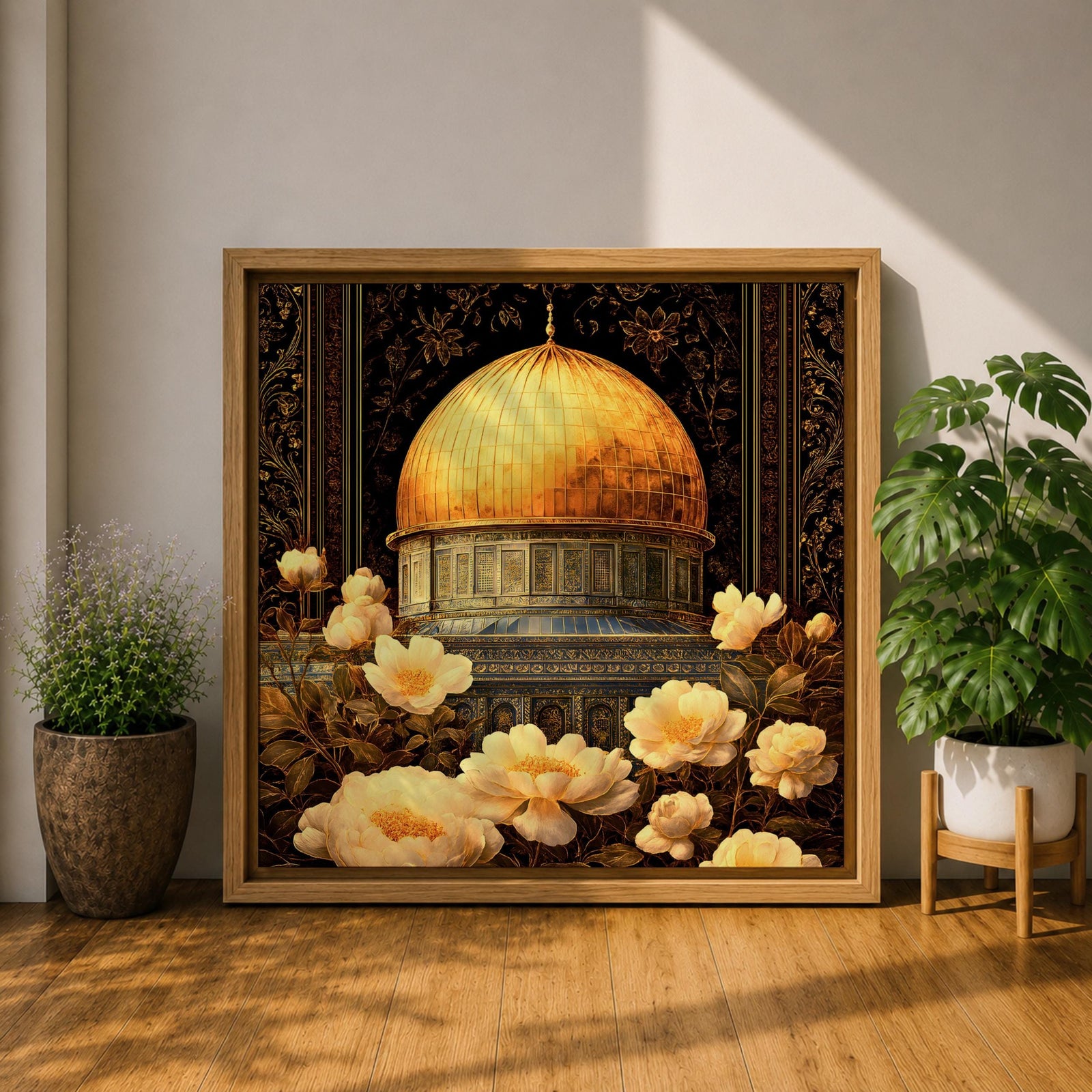 Dome of the Rock Wall Art Floral Framed Canvas Qubbat Sakhra Jerusalem Islamic Decor