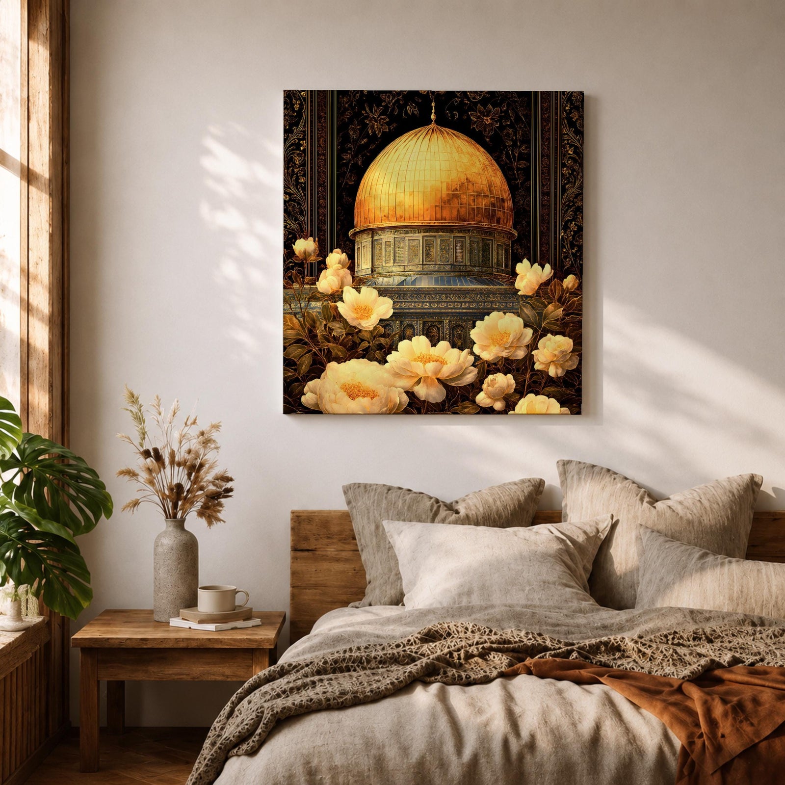 Dome of the Rock Wall Art Floral Framed Canvas Qubbat Sakhra Jerusalem Islamic Decor