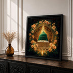 Green Dome Wall Art Floral Garden Framed Canvas Masjid Nabawi Medina Islamic Home Decor