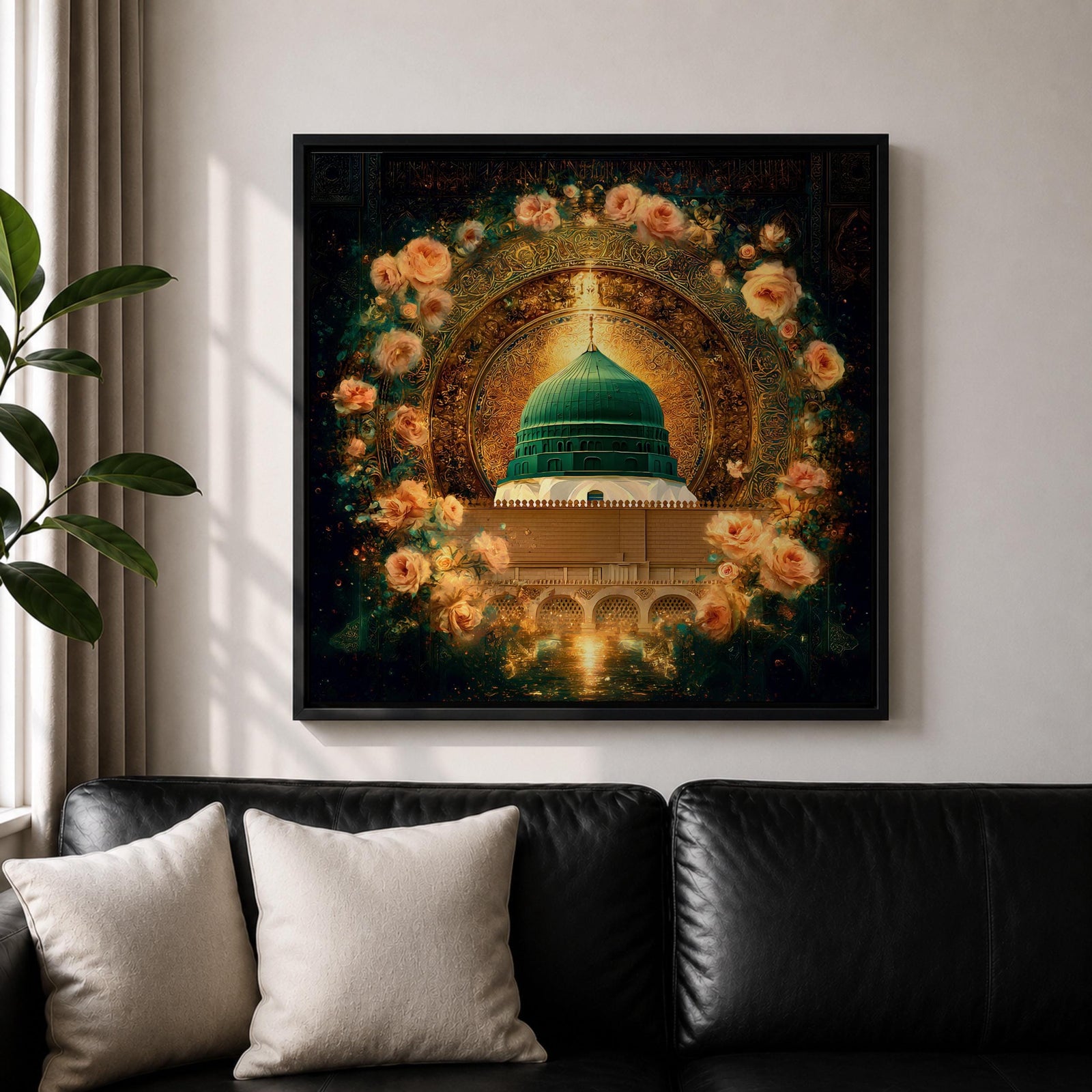 Green Dome Wall Art Floral Garden Framed Canvas Masjid Nabawi Medina Islamic Home Decor
