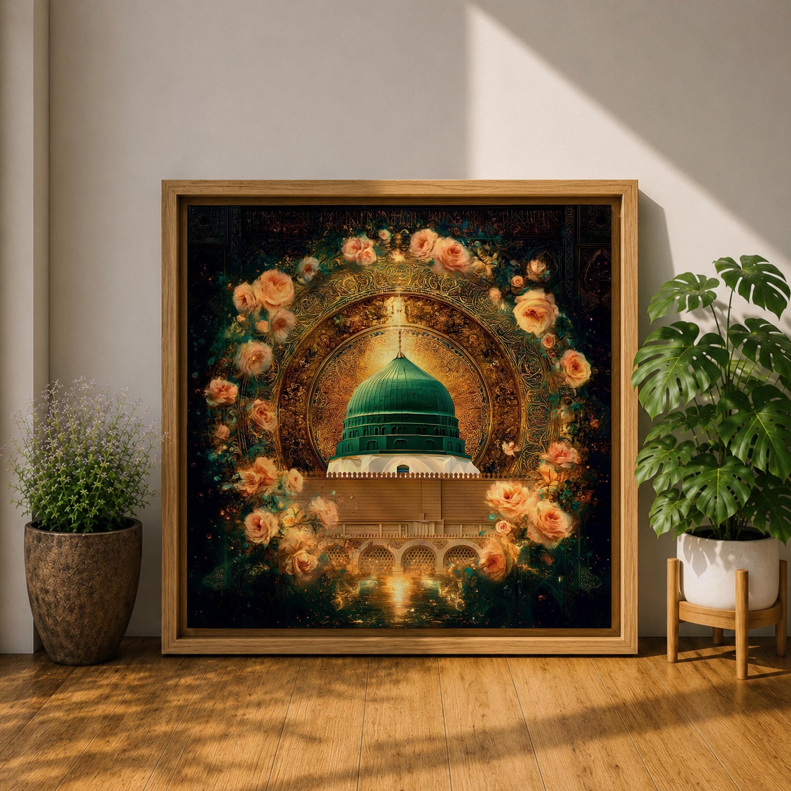 Green Dome Wall Art Floral Garden Framed Canvas Masjid Nabawi Medina Islamic Home Decor