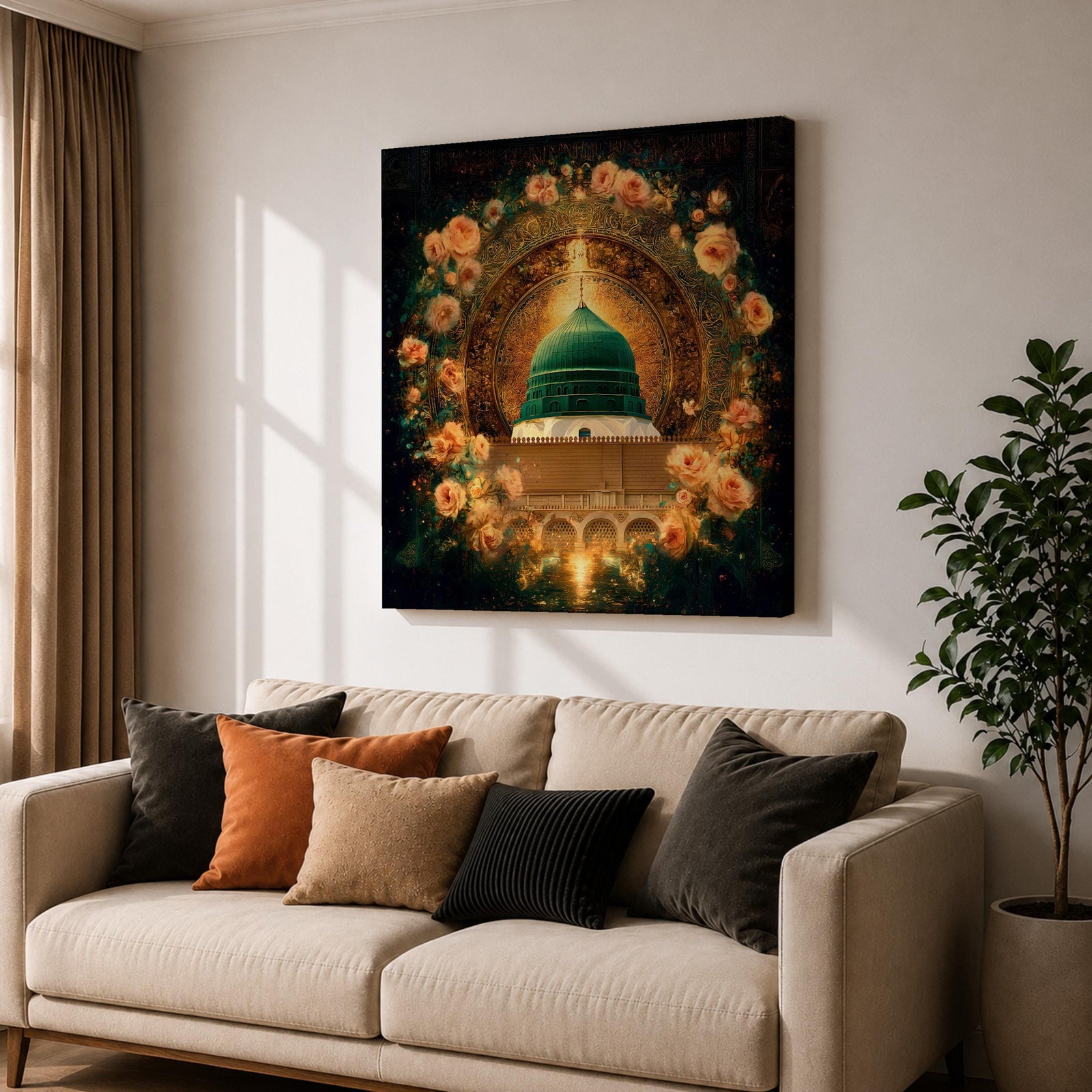 Green Dome Wall Art Floral Garden Framed Canvas Masjid Nabawi Medina Islamic Home Decor