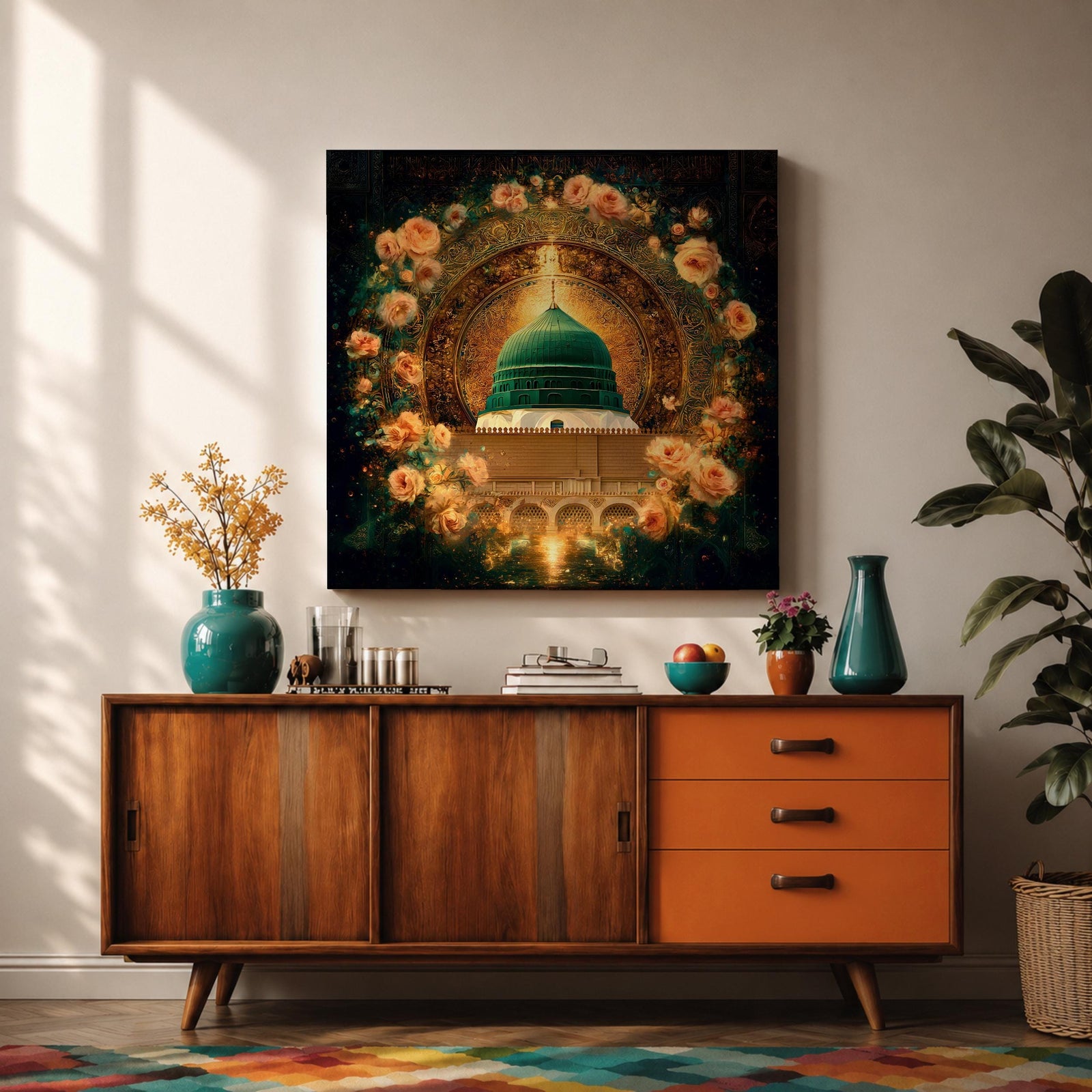 Green Dome Wall Art Floral Garden Framed Canvas Masjid Nabawi Medina Islamic Home Decor
