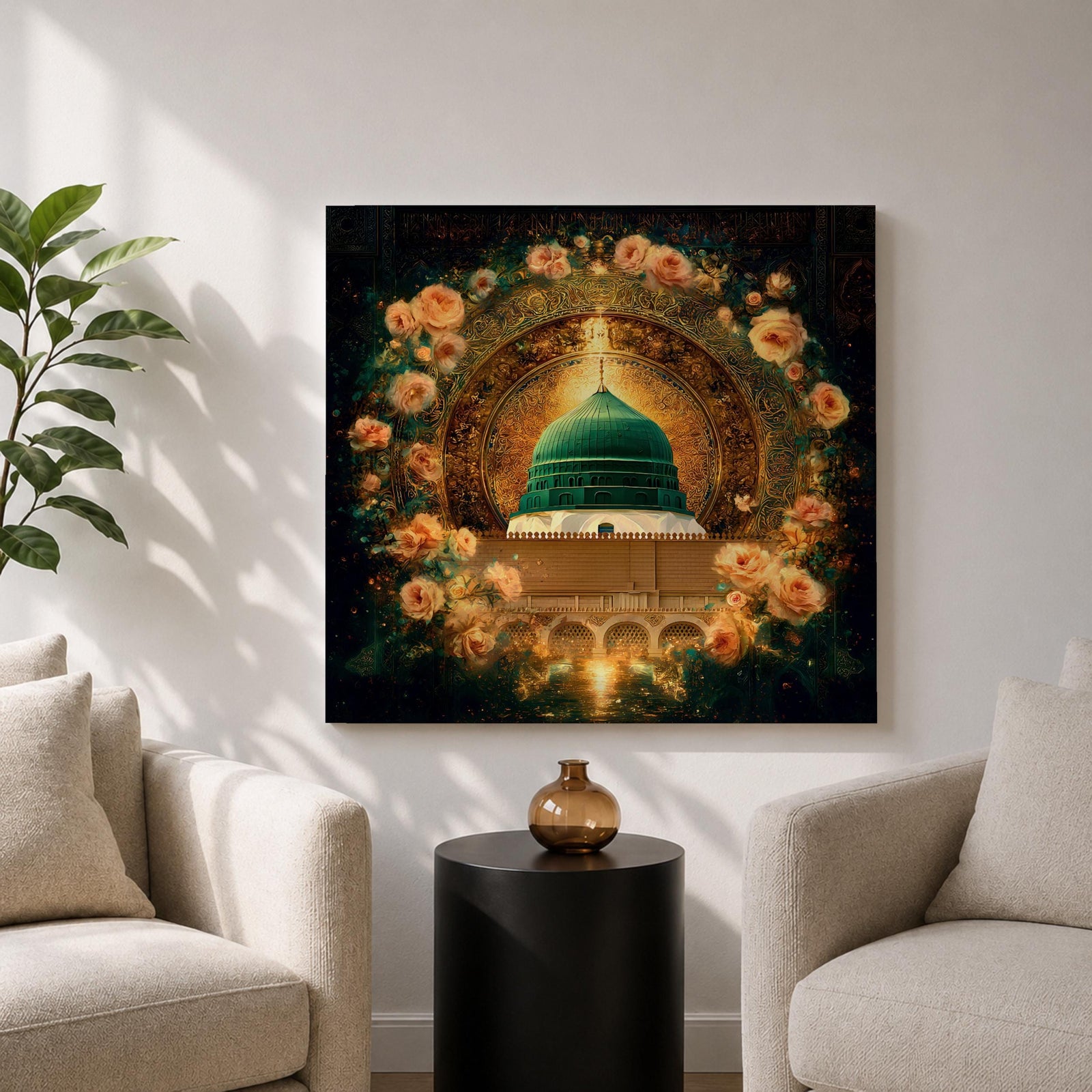 Green Dome Wall Art Floral Garden Framed Canvas Masjid Nabawi Medina Islamic Home Decor